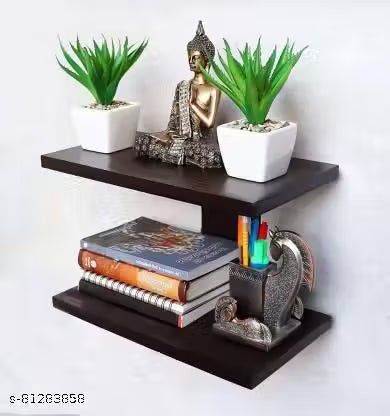 Wooden Wall Mount TV Set Top Box Stand | 2-Tier Wall Shelf (Brown)